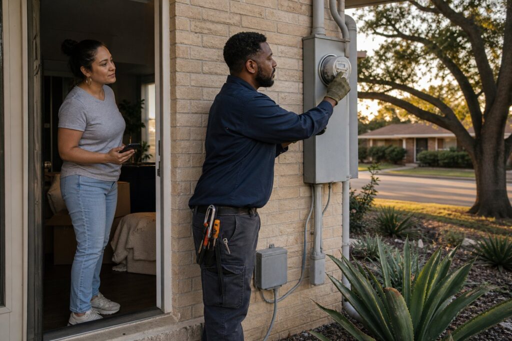 A resident speaks with an electricity technician beside a home's outdoor meter in a Dallas neighborhood.