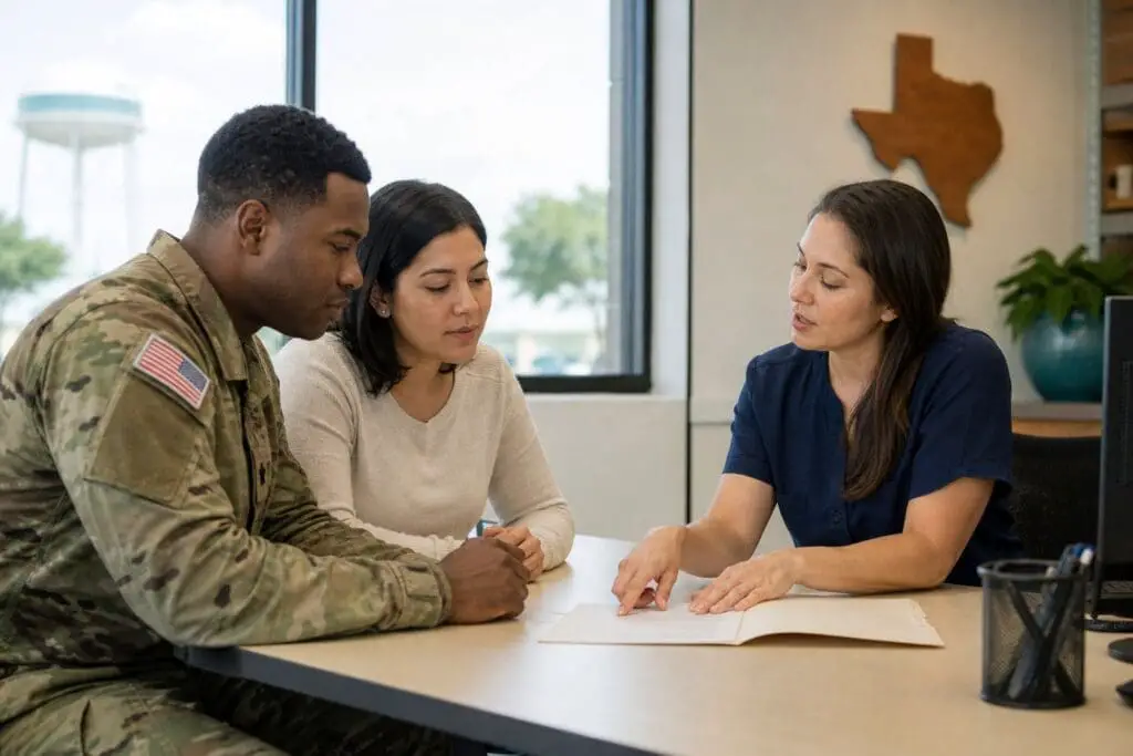 A service member and their partner discuss utility assistance with a representative at a customer-service desk.