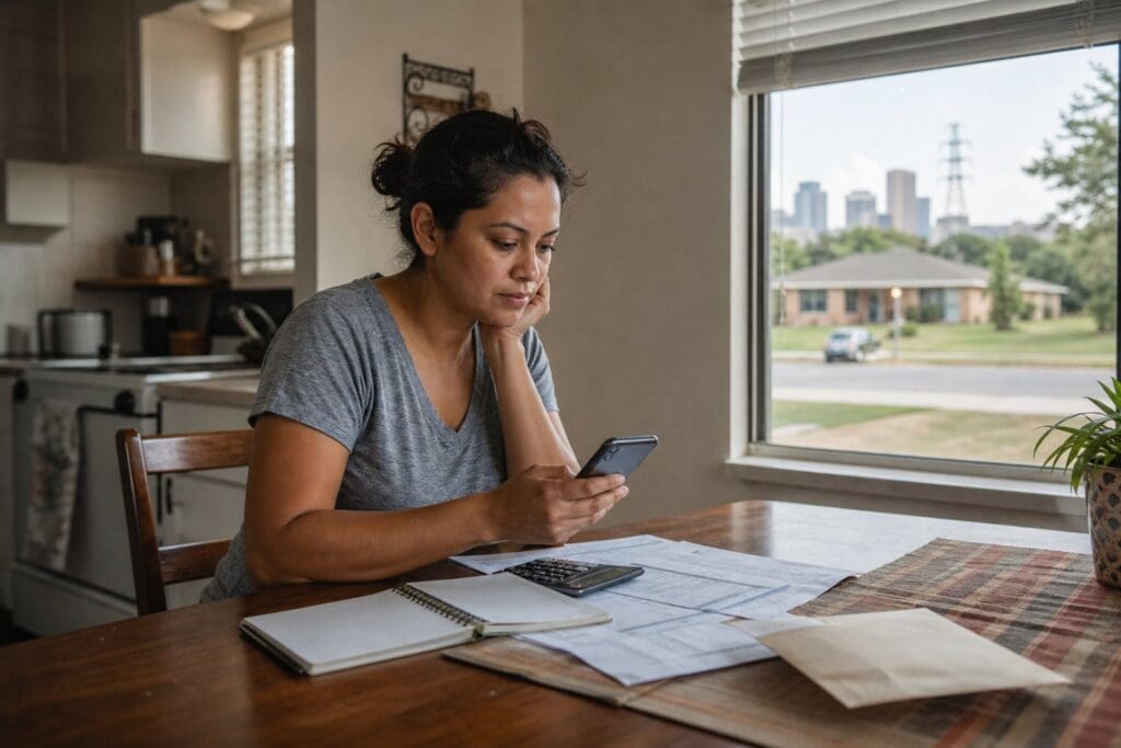 A Dallas resident reviews household electricity expenses at a kitchen table in a modest home.