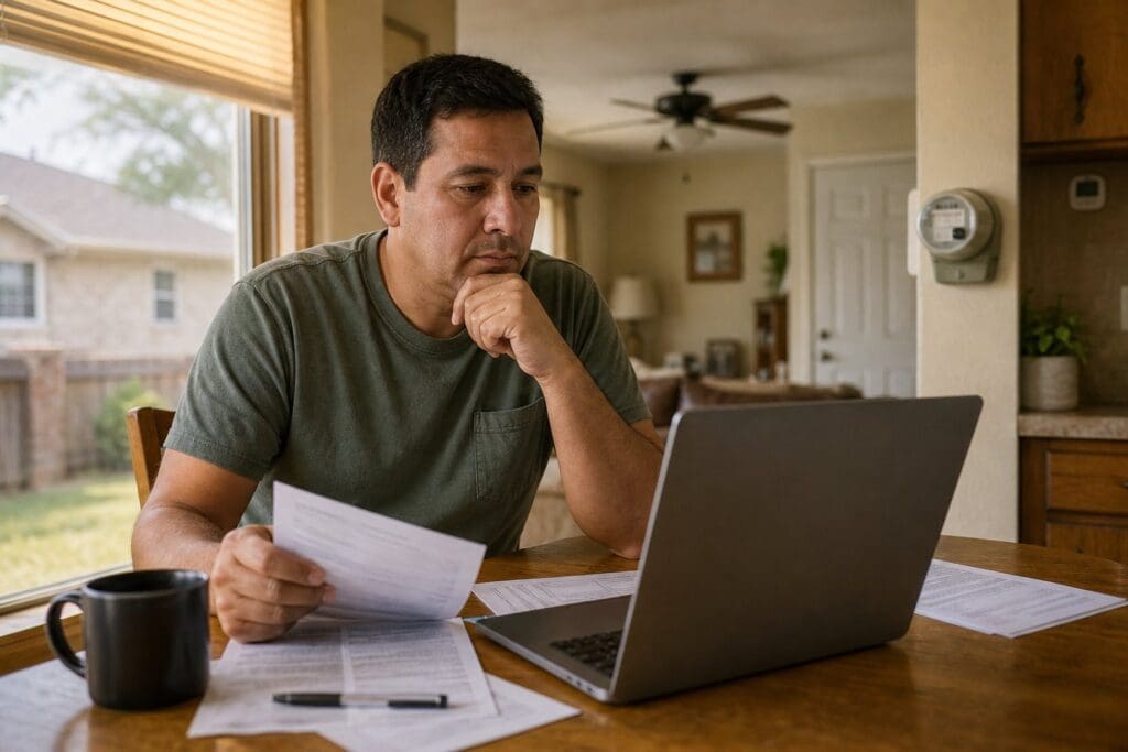 A Texas resident reviews electricity information on a laptop at a kitchen table.