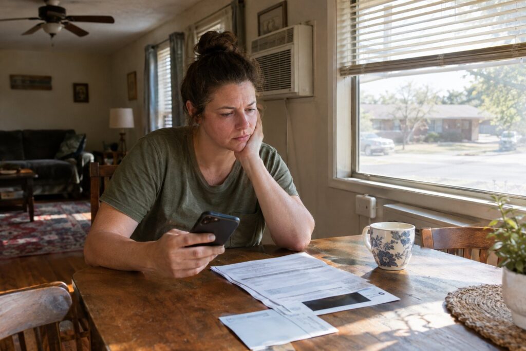 A homeowner reviews utility papers and a smartphone at a kitchen table in a Texas home.