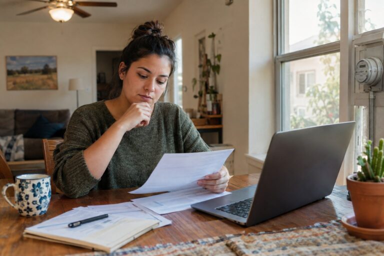 A Texas resident reviews utility documents beside a laptop at a kitchen table.