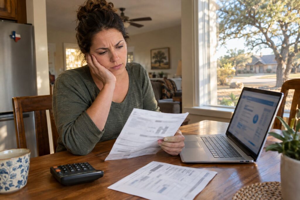 A Texas homeowner compares an electricity renewal offer with a bill and calculator at a kitchen table.